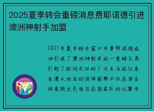2025夏季转会重磅消息费耶诺德引进澳洲神射手加盟 2025夏季转会重磅消息费耶诺德引进澳洲神射手加盟